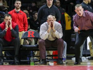 Rutgers coach Scott Goodale, assistant coach John Leonardis and associate head coach Donny Pritzlaff, pictured left to right, helped wrestling climb to a No. 6 national ranking this season. (Photo: Keith A. Muccilli/ Correspondent)